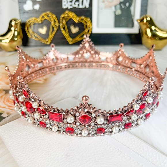Handmade Other - Wedding King Crown, Vintage Red Rhinestone XL Royal Crown, Baroque Crown for Men